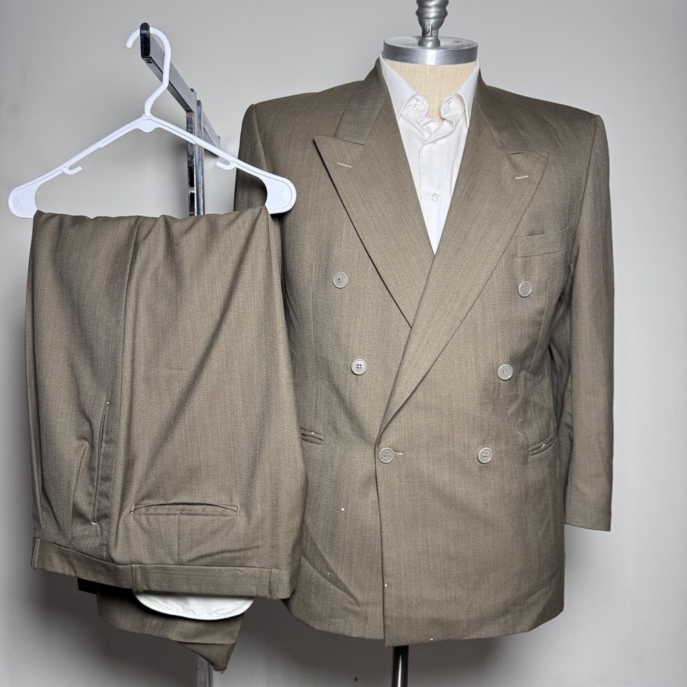 Yves Saint Laurent Suit Mens 42R 36W Brown Textured Double Breasted Peak Lapel